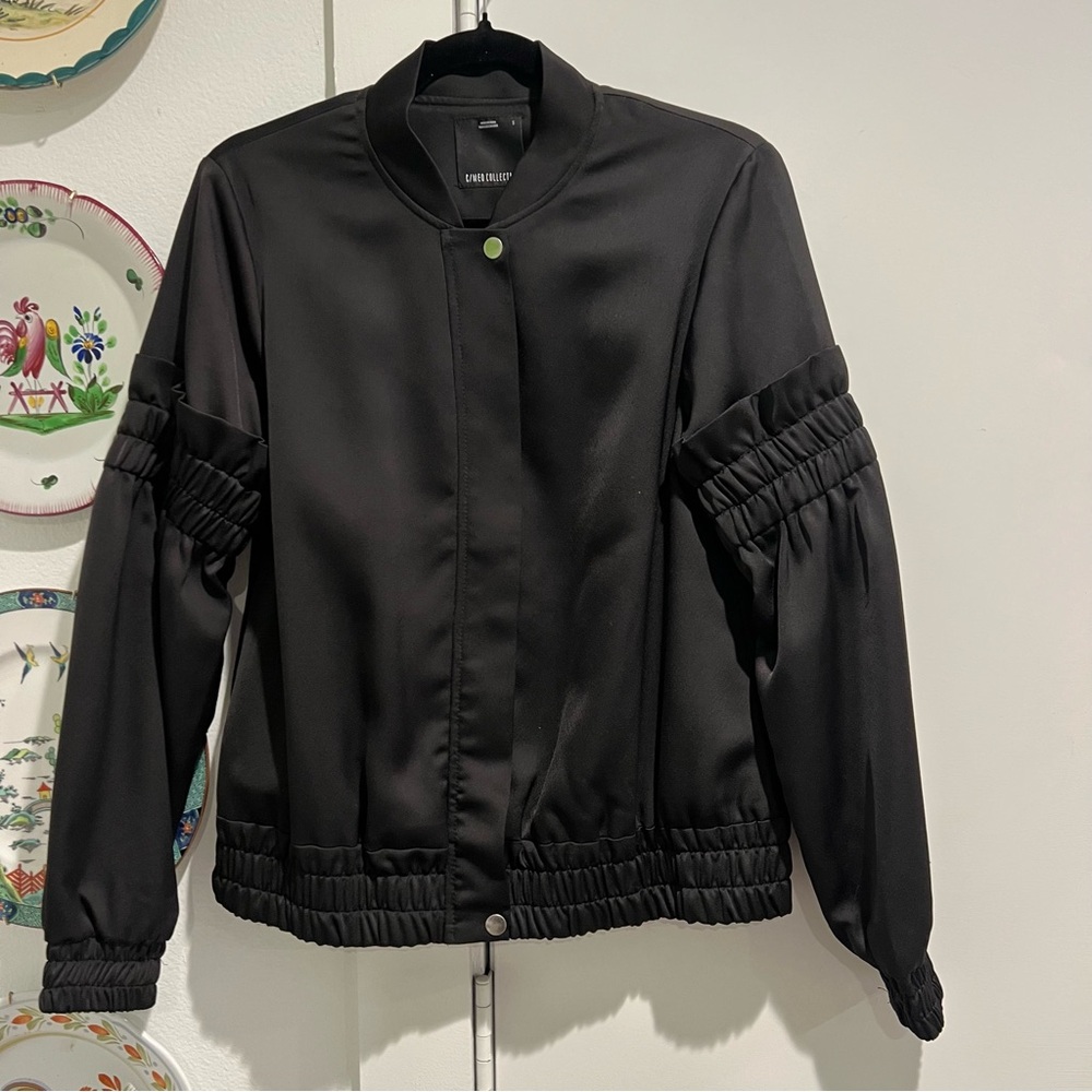 C/MEO Collective Black Bomber Jacket with Ruffle Sleeve
